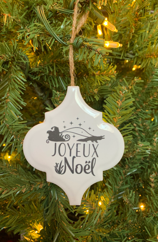 Ceramic Christmas Ornament - Santa & Alligator - Joyeux Noel