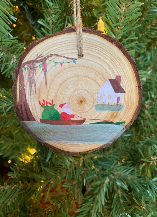 Santa on the Bayou with an alligator-Wood Slice Ornaments