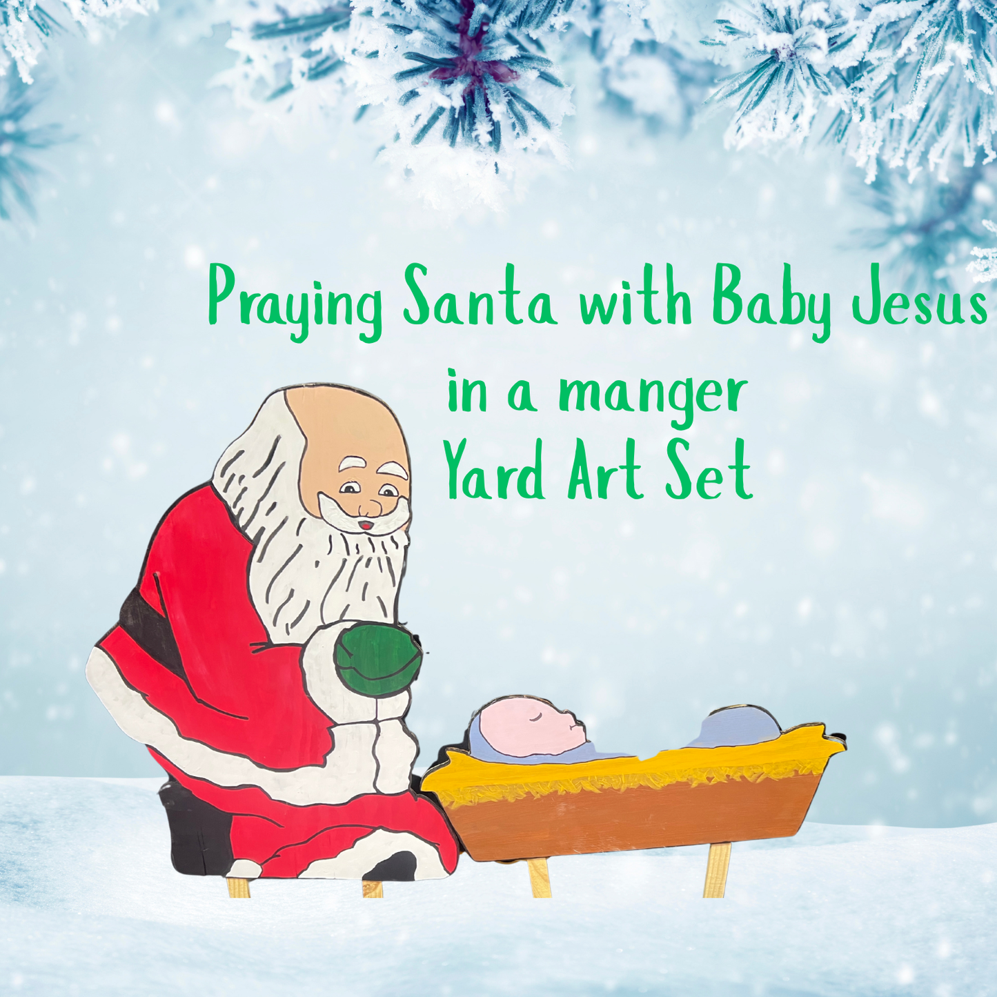 Praying Santa with Baby Jesus Yard Art Set